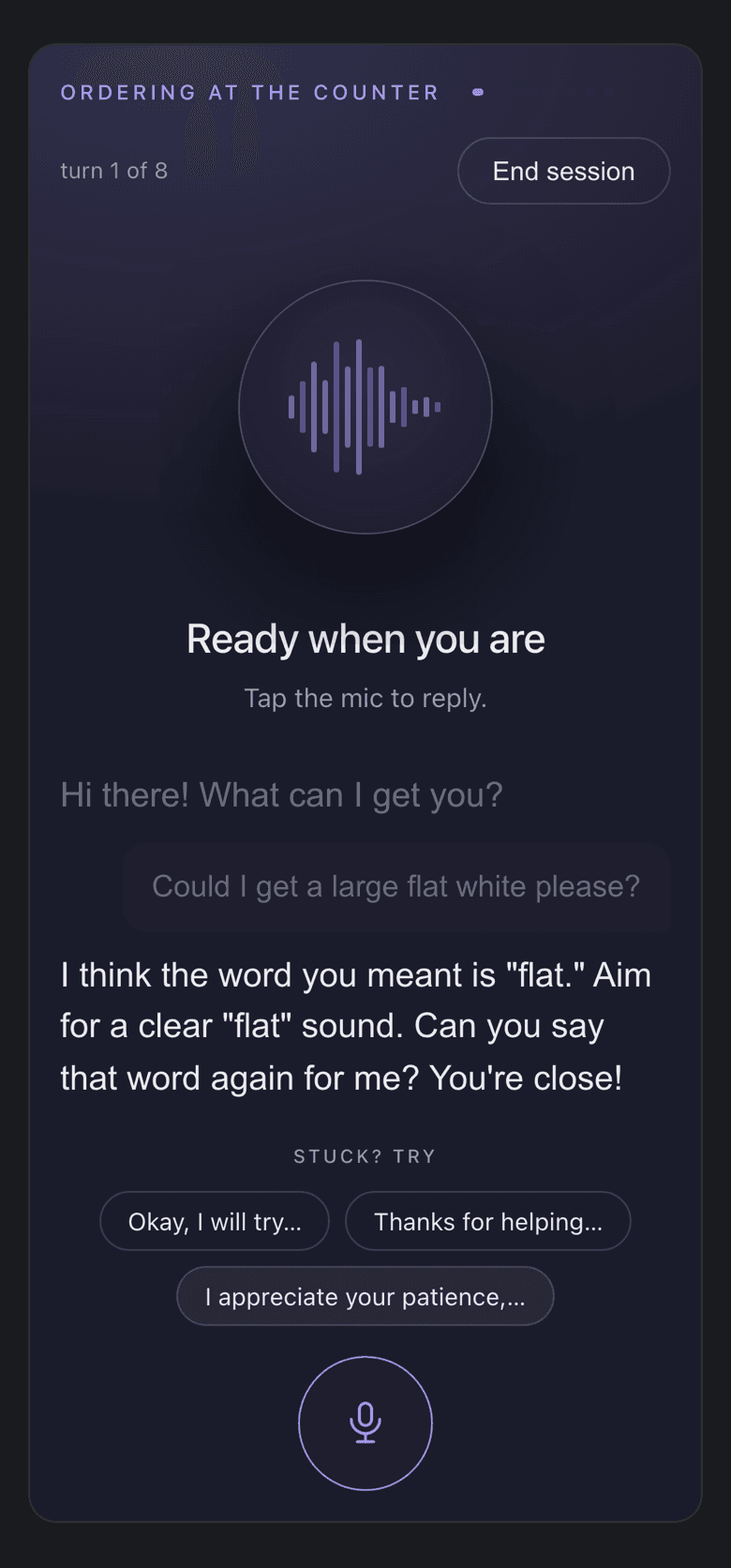 The NativeSpeech conversation room on a phone: the coffee-counter roleplay, with the partner's line, the learner's spoken reply transcribed, and the partner asking for the word 'flat' again