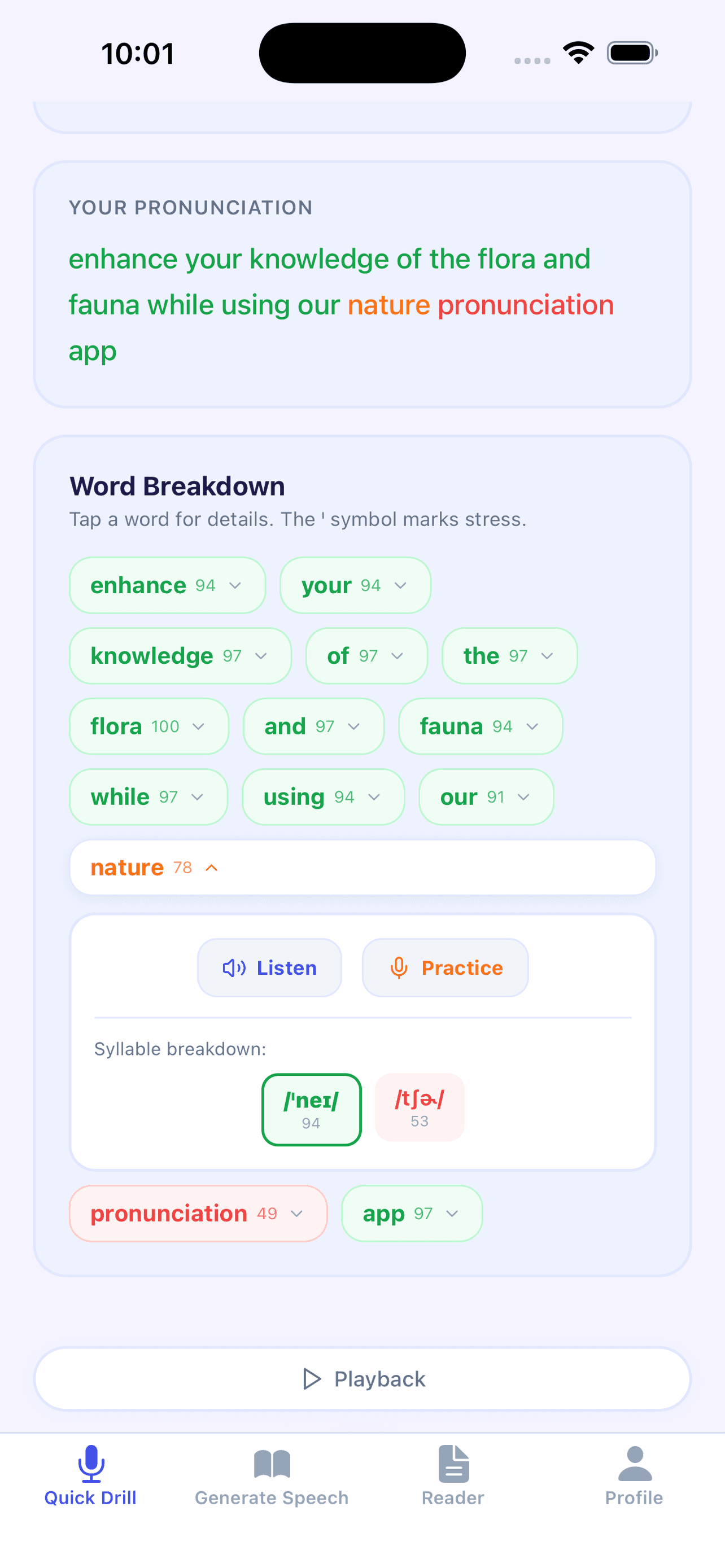 NativeSpeech iOS app showing pronunciation practice on iPhone