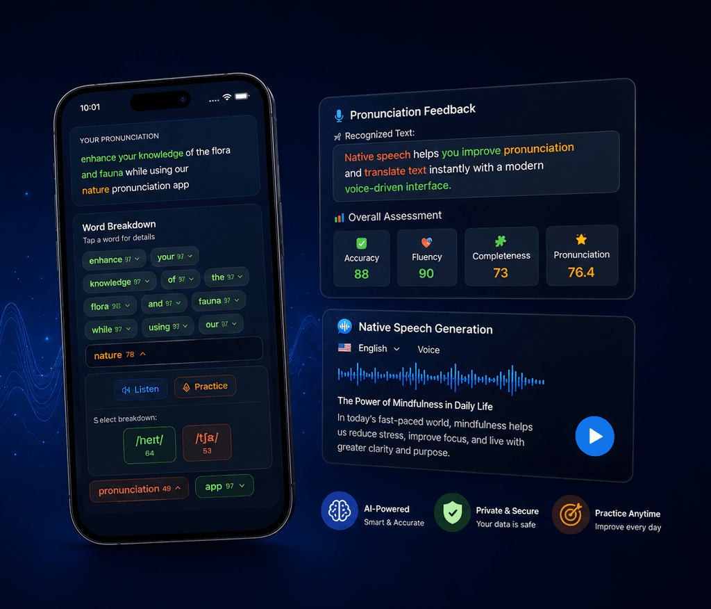 NativeSpeech pronunciation feedback and native speech generation app interface
