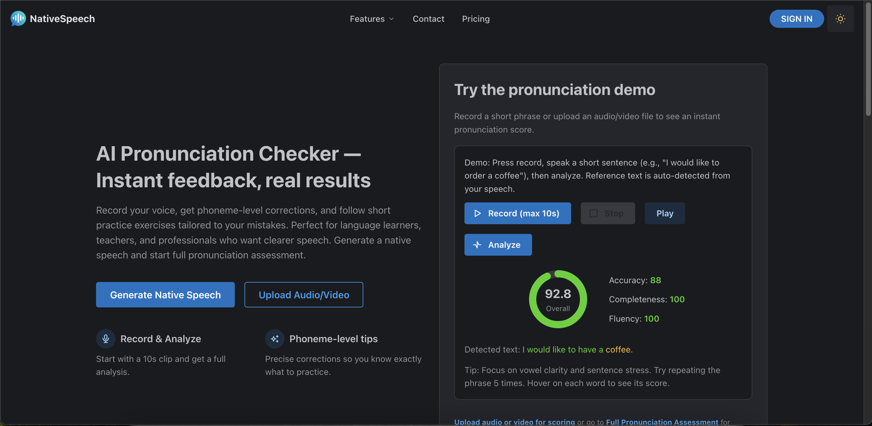 Pronunciation scoring UI showing phoneme breakdown and per-word feedback